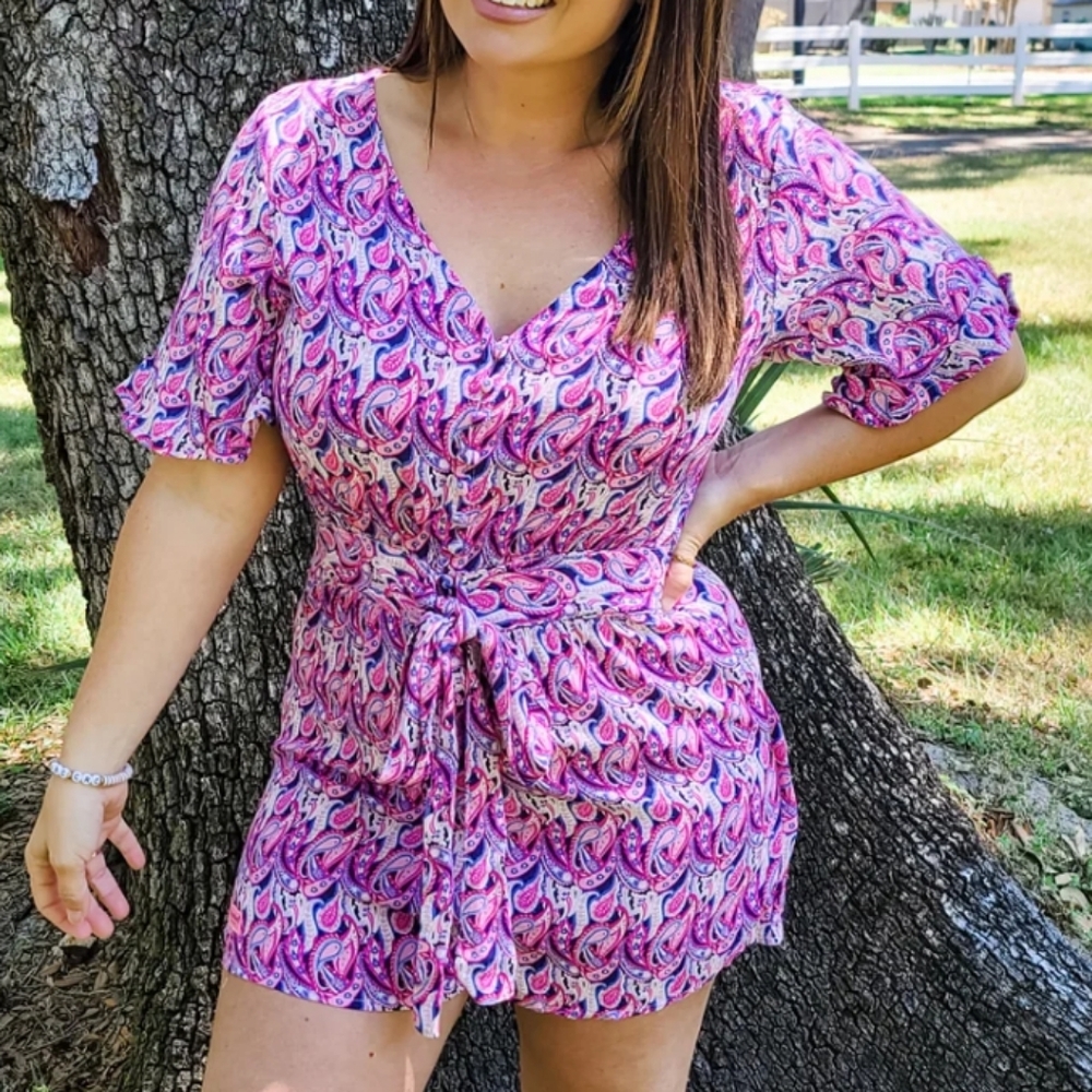 NWT Simply Southern Button Front Bow Tie Romper Pink & Purple Paisley